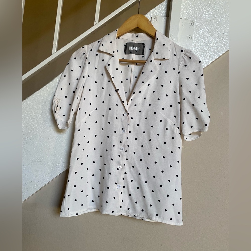 Reformation White Blouse with Black Polka Dots